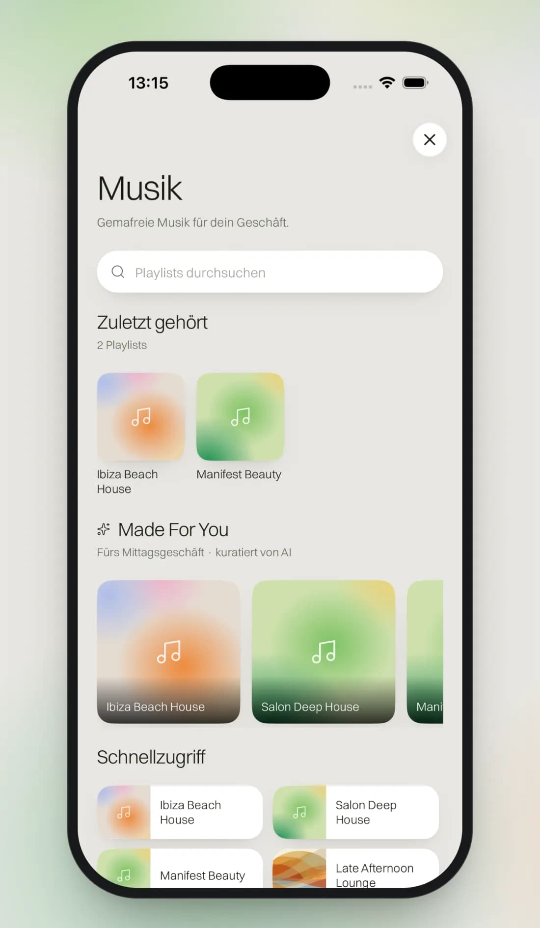Die Musik-Ansicht der Sterne-App mit gemafreien, von KI kuratierten Playlists für den Laden.