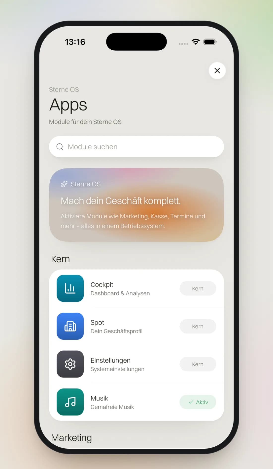 Die Modul-Übersicht der Sterne-App: Cockpit, Spot, Musik und weitere Module zum Aktivieren.