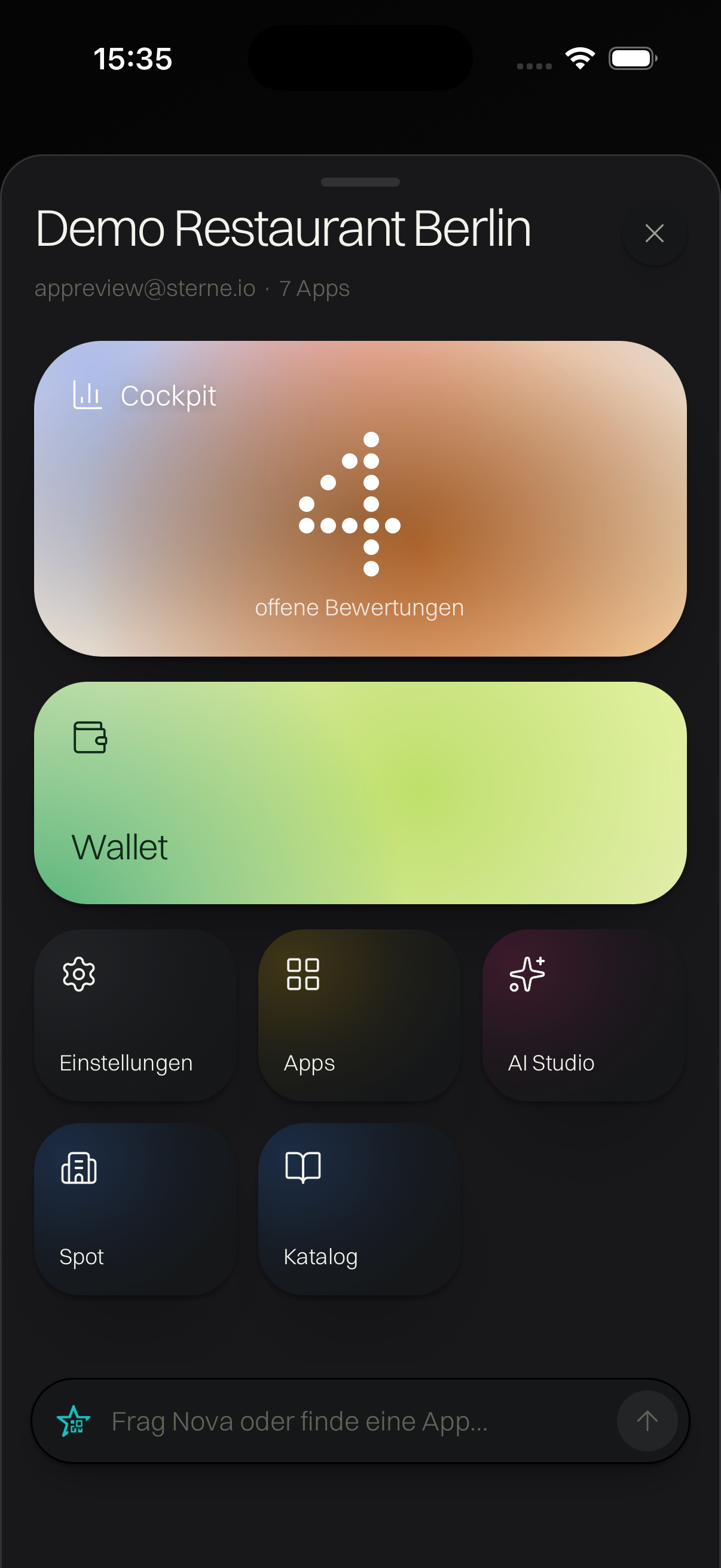 Originaler App-Screenshot: Dein Überblick. Ansicht eines Demobetriebs.