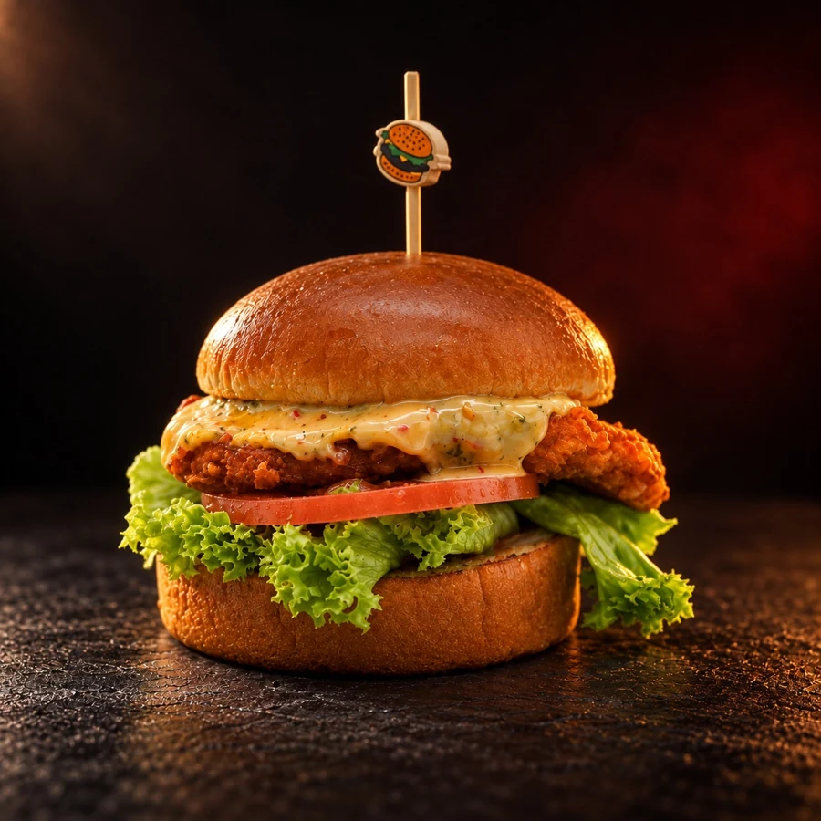 Crispy Chicken Burger mit grünem Salat und Tomaten