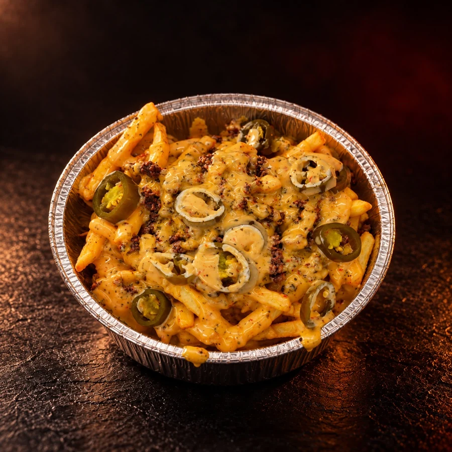 Loaded Fries mit Beef, Käsesauce und Jalapeños