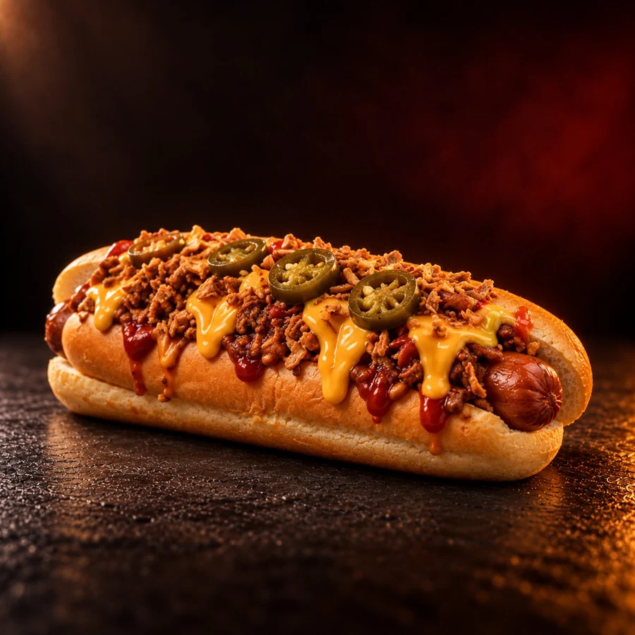 Chili Hotdog mit Jalapeños, Käse und Röstzwiebeln