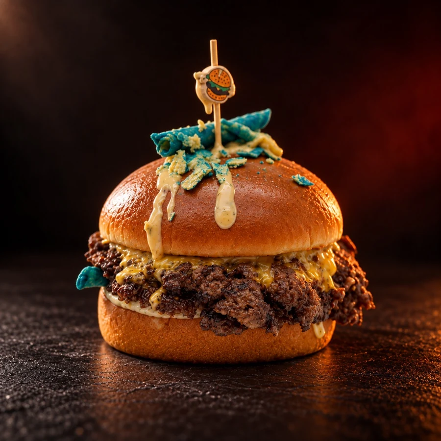 Smash Burger mit auffälligem blauen Takis-Topping